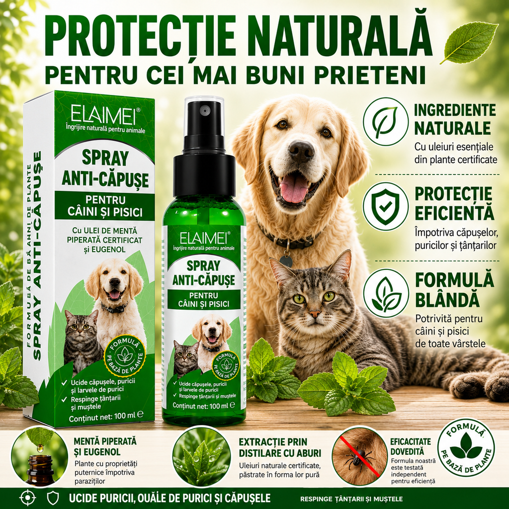 NaturaPet – Spray Natural Anti-Purici și Căpușe pentru Câini și Pisici