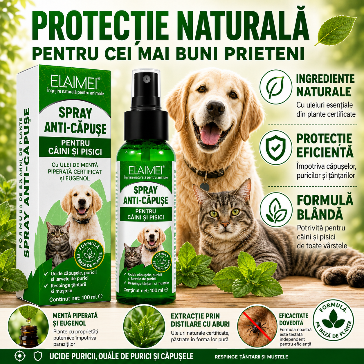 NaturaPet – Spray Natural Anti-Purici și Căpușe pentru Câini și Pisici