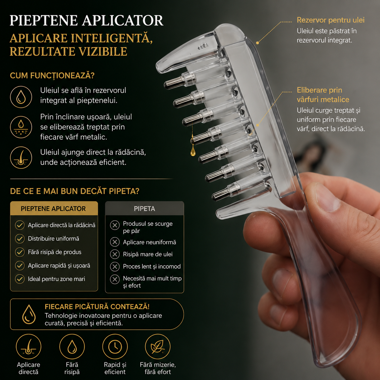 Pieptene Aplicator Pentru Uleiuri & Seruri - Ingrijire Completa si Eficienta