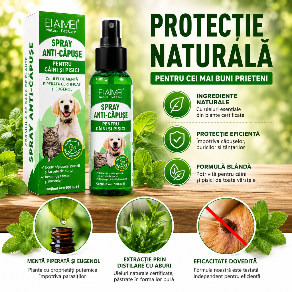 NaturaPet – Spray Natural Anti-Purici și Căpușe pentru Câini și Pisici