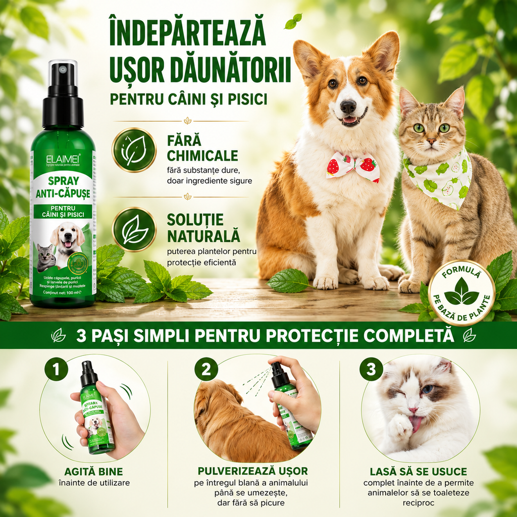 NaturaPet – Spray Natural Anti-Purici și Căpușe pentru Câini și Pisici