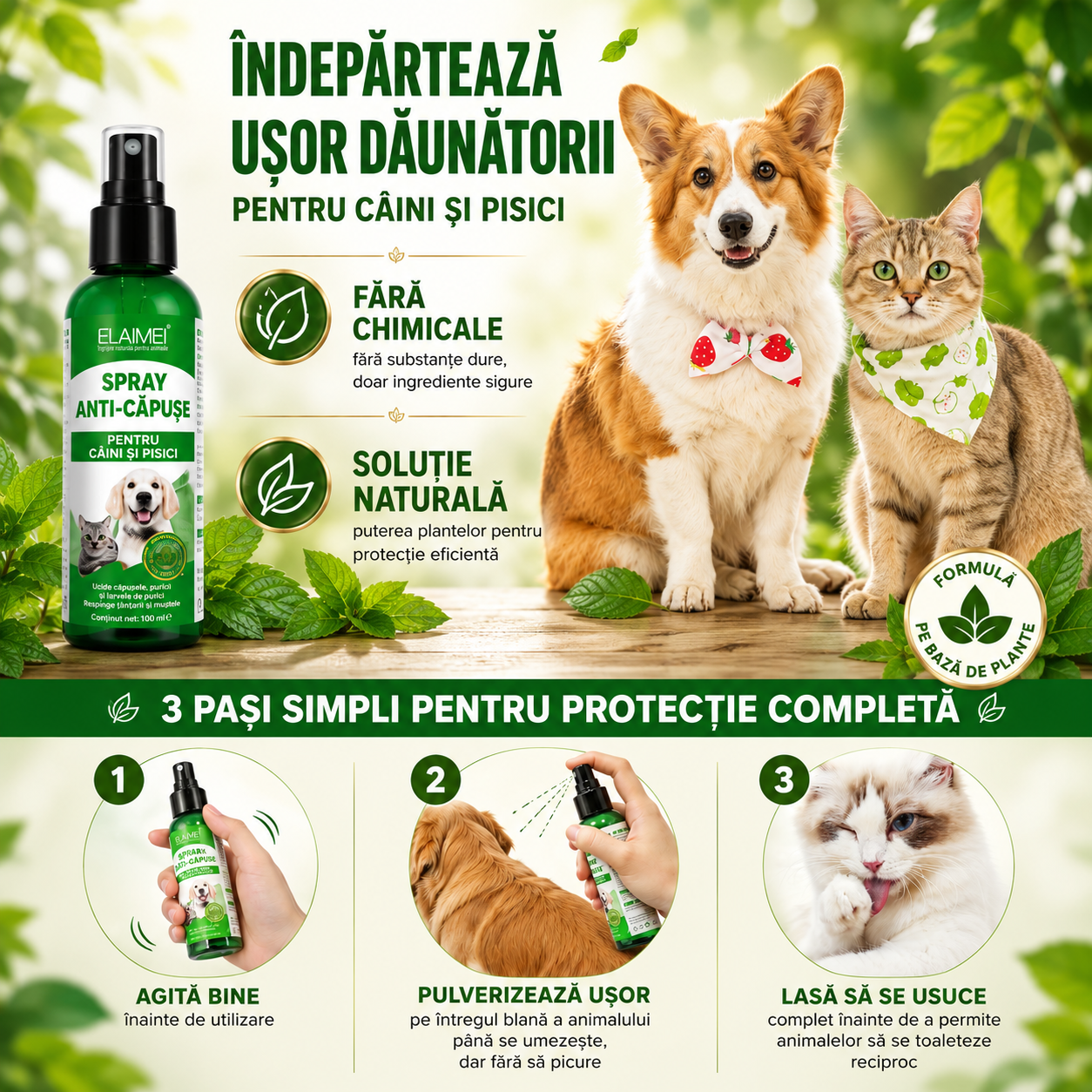 NaturaPet – Spray Natural Anti-Purici și Căpușe pentru Câini și Pisici
