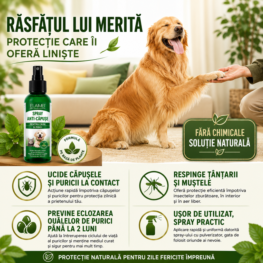 NaturaPet – Spray Natural Anti-Purici și Căpușe pentru Câini și Pisici
